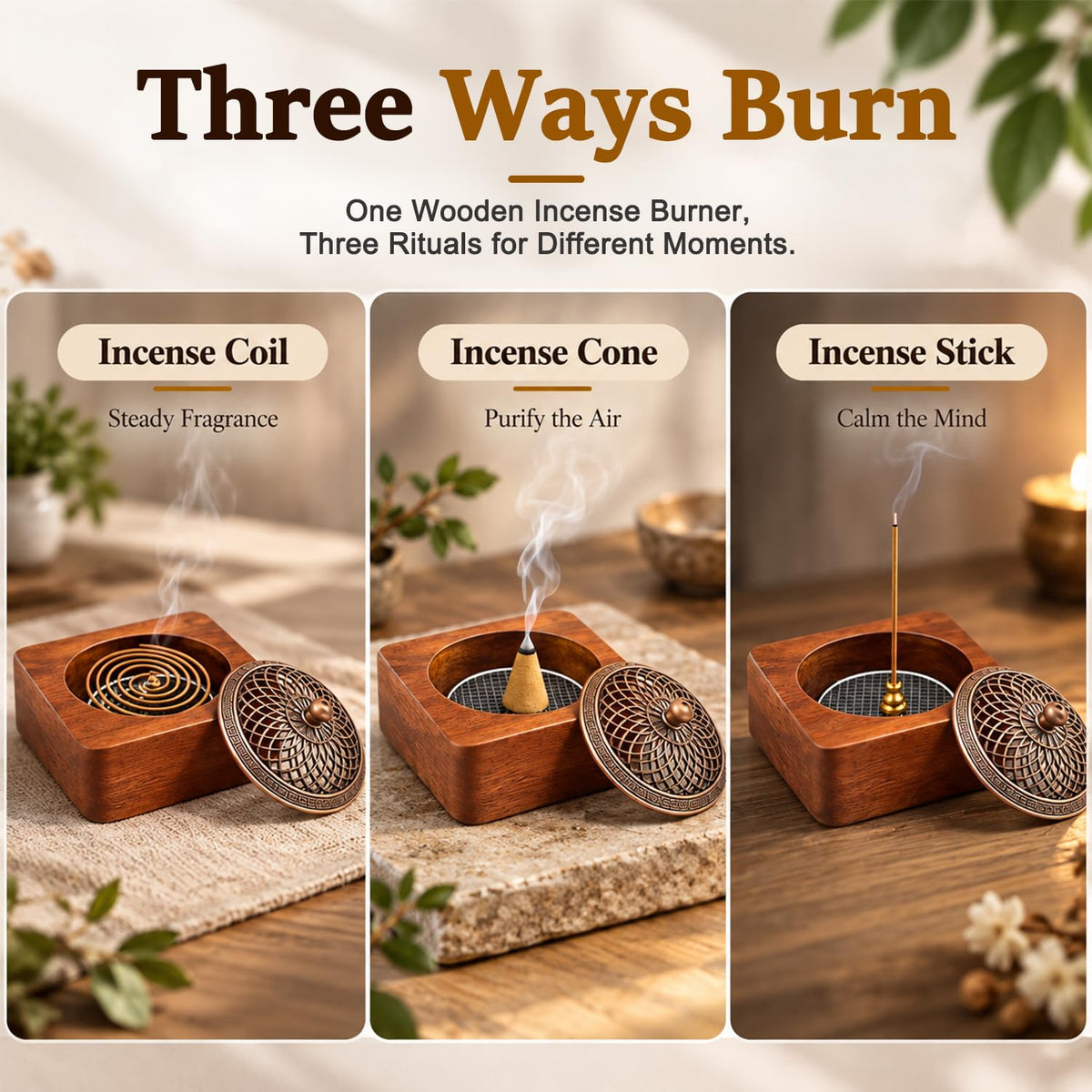 HASTHIP Walnut Wood Incense Burner for Sticks, Coils and Cones with Removable Ash-Collecting Base