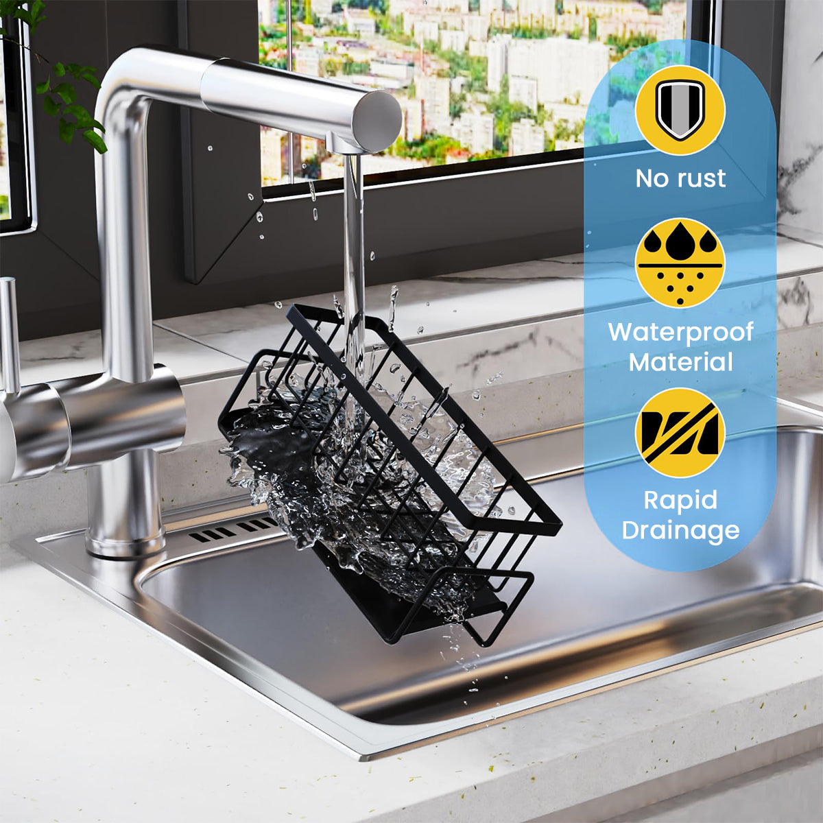 HASTHIP® Sponge Holder for Kitchen Sink, Stainless Steel Sink Caddy with Self Drain Tray, Rustproof Kitchen Sink Organizer Brush Caddy Sponge Rack for Kitchen Accessories, 23x10x12cm