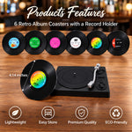 HASTHIP Retro Vinyl Record Coaster Set with Six 10cm Coasters and Record Player Holder