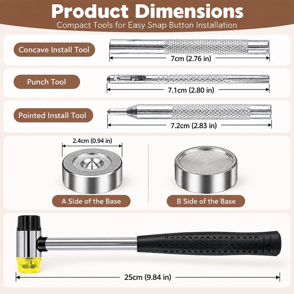 HASTHIP Metal Snap Fastener Kit, 120 Sets of 12.5 mm Snaps in 4 Finishes with Setting Tools and Hammer