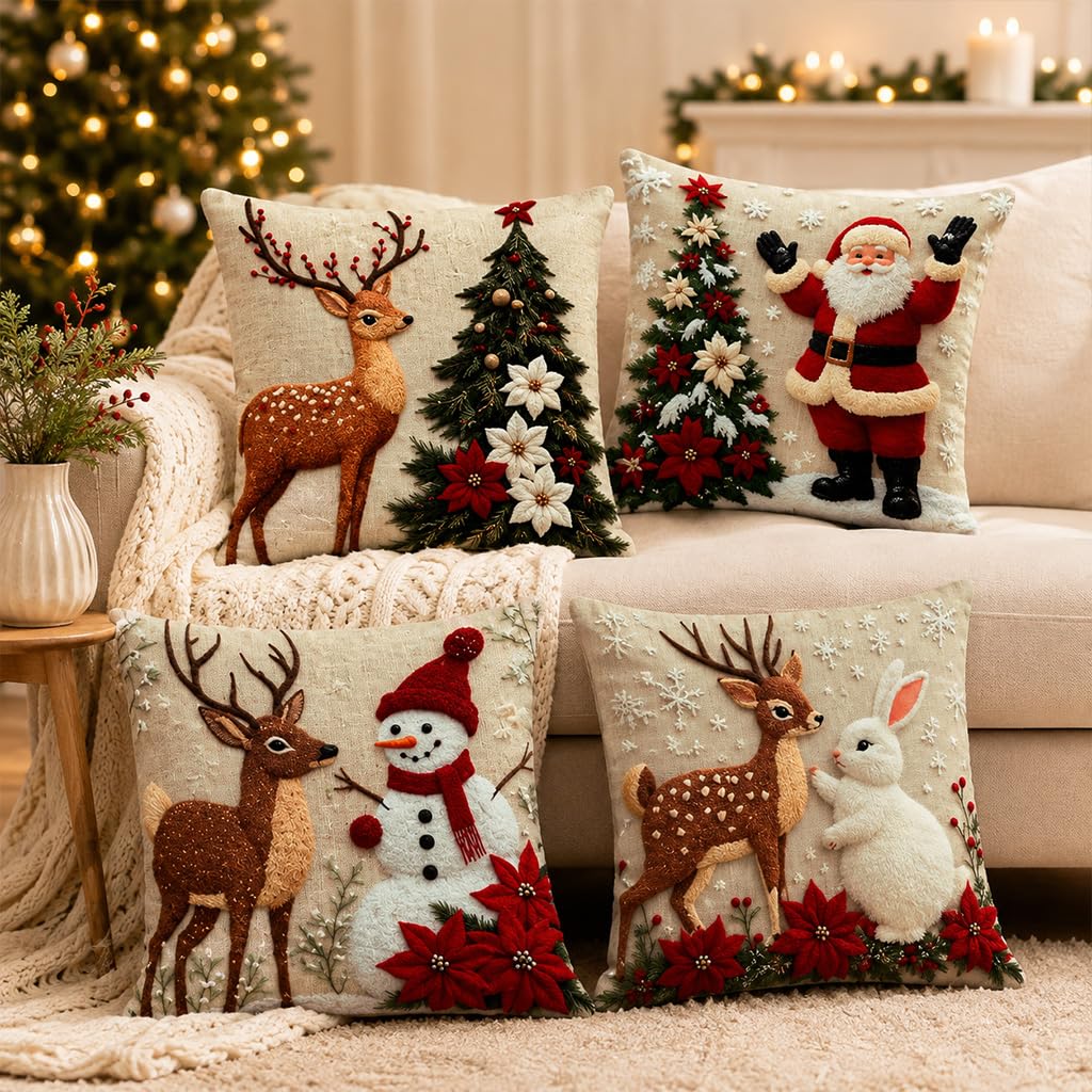HASTHIP Christmas Cushion Covers, Set of 4, 45 x 45 cm, with Reindeer, Santa and Snowman Prints