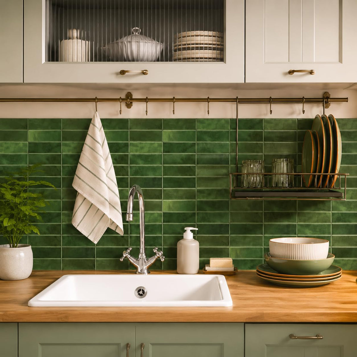 HASTHIP 10-Piece Green Peel-and-Stick Backsplash Tiles, Waterproof and Oil-Resistant