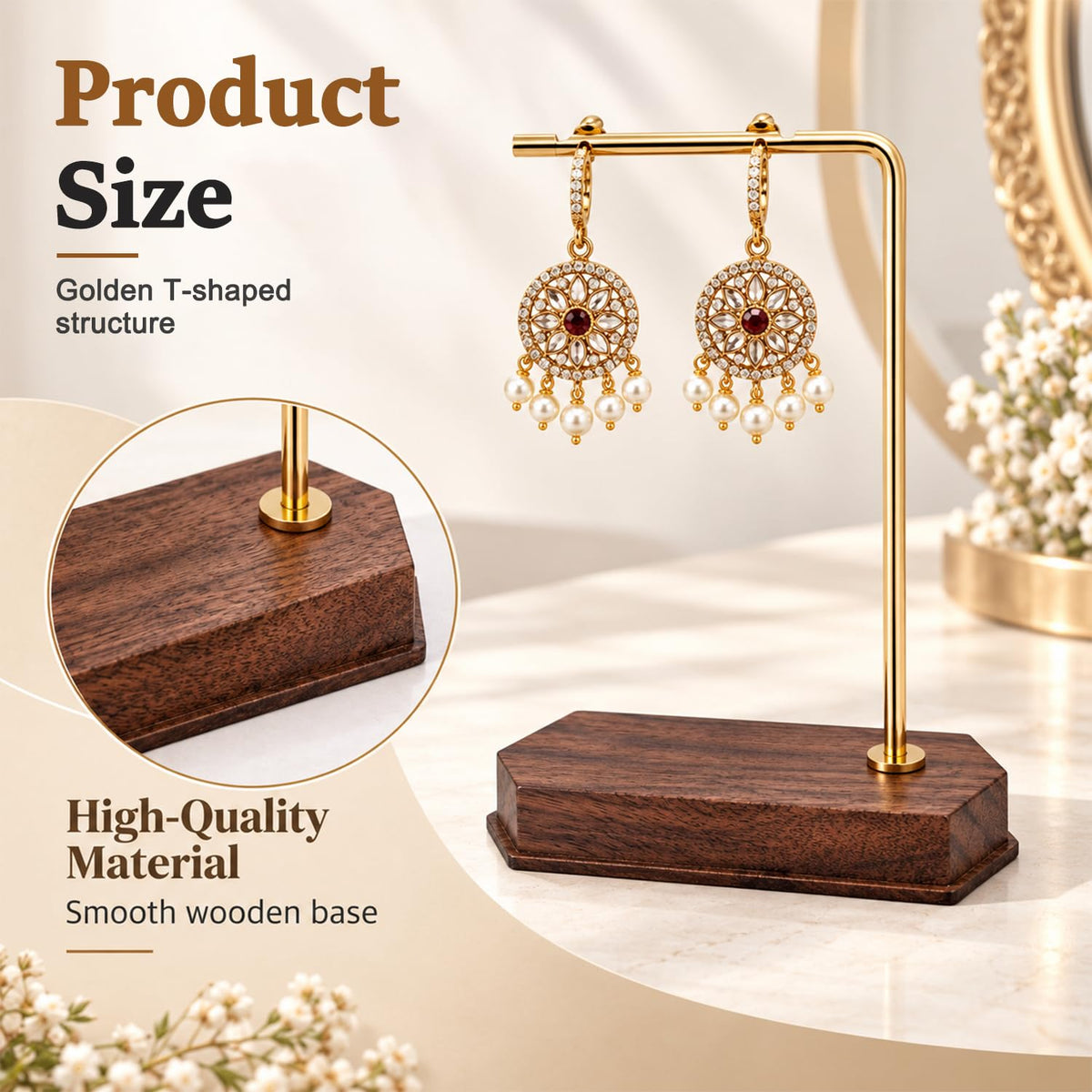 HASTHIP Earring Display Stand with Metal Frame, Wooden Base and Bronze Finish, 11.5 cm Tall