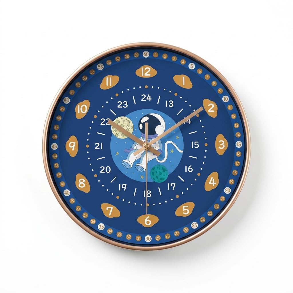 HASTHIP Kids' Astronaut Wall Clock, Silent Colourful Analogue Dial for Learning to Read Time.