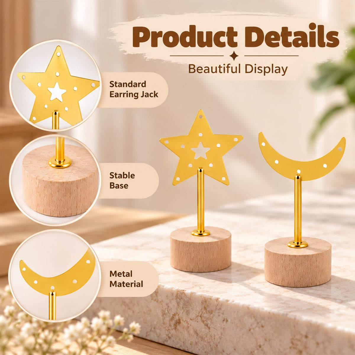HASTHIP 3-Piece Star and Moon T-Bar Earring Display Stand Set with Wood Bases and Graduated Heights