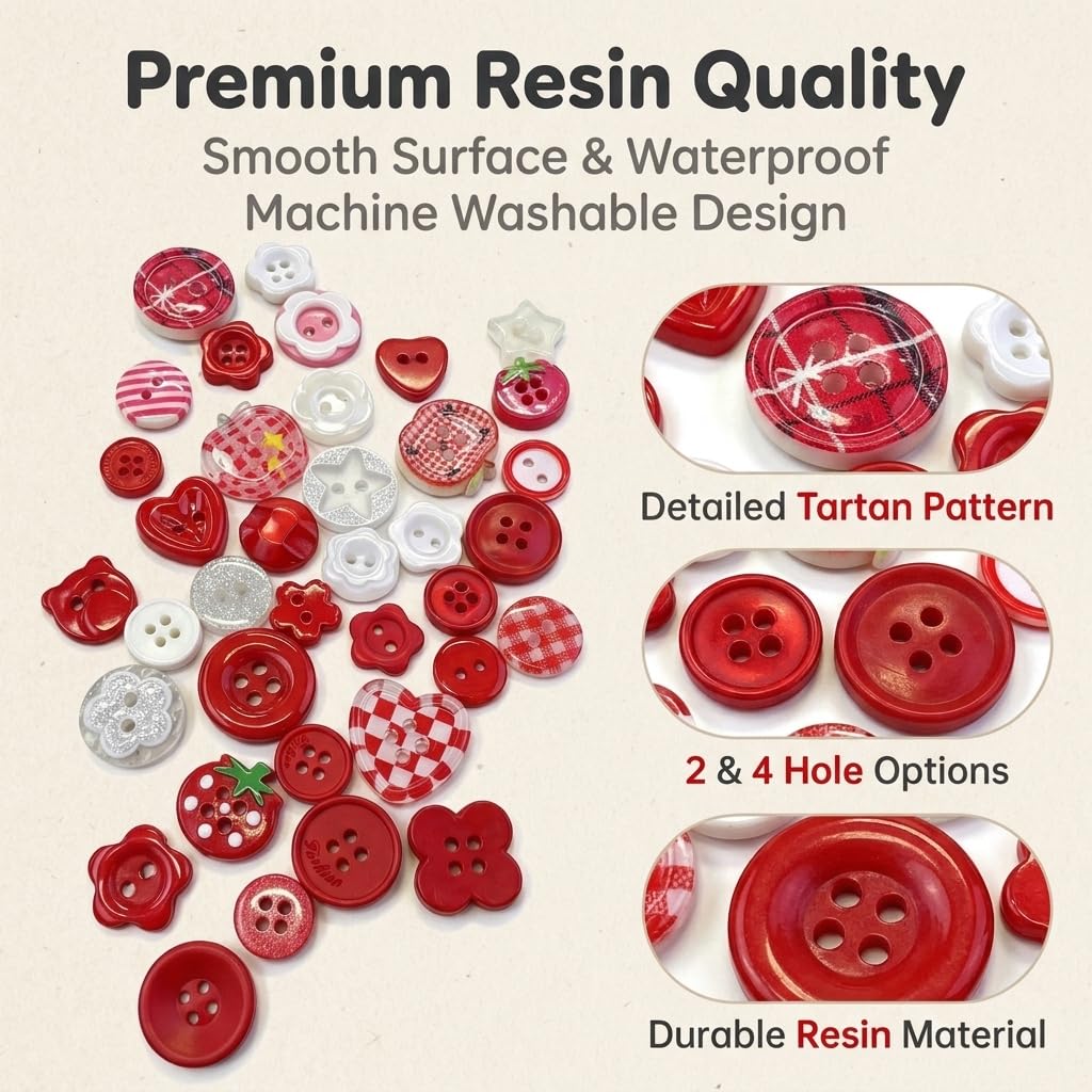 HASTHIP 100-Piece Tartan Plaid Craft Buttons in 35 Assorted Styles, 11–18 mm Resin