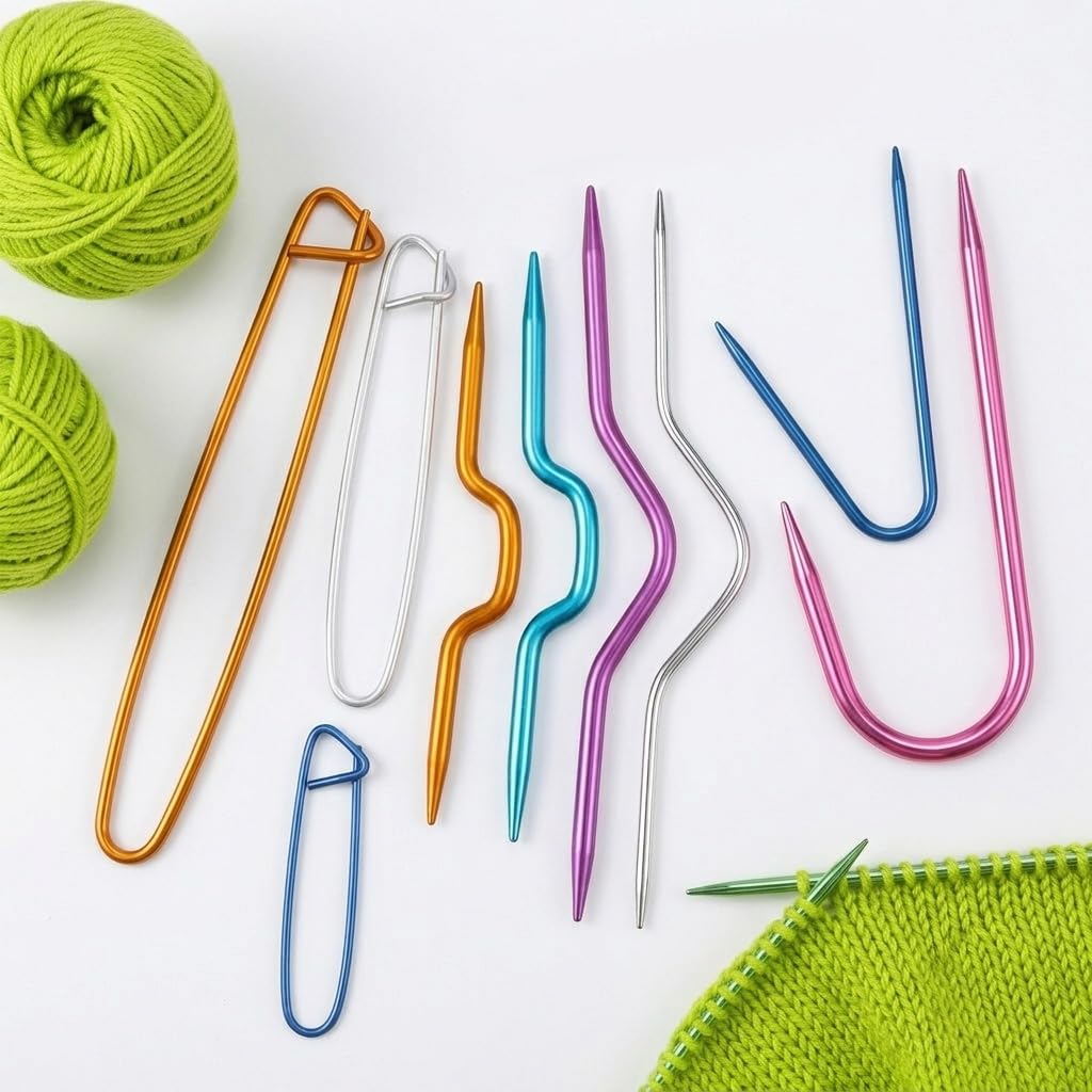 HASTHIP 9-Piece Aluminum Cable Needle and Stitch Holder Set with Bent Shapes for Knitting