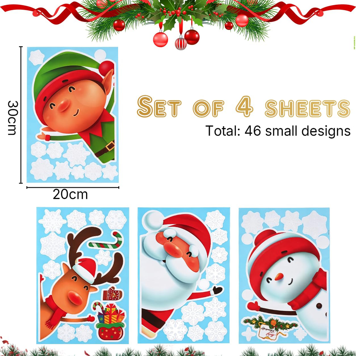 HASTHIP Christmas Window Clings, 4 Sheets with 46 Double-Sided Festive Decals for Smooth Glass
