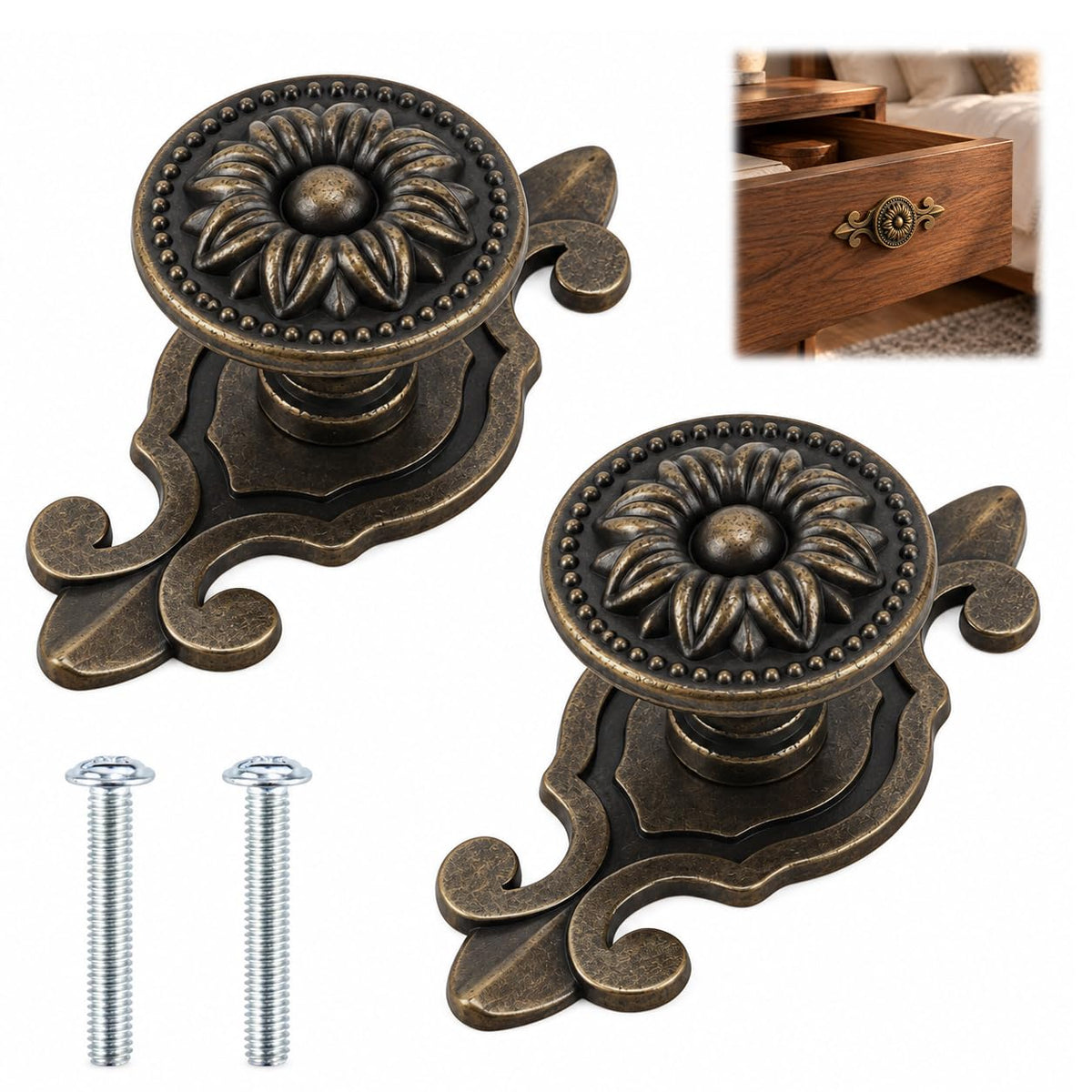 HASTHIP 2-Piece Mushroom Cabinet Knobs in Zinc Alloy with Antique Brass Backplates