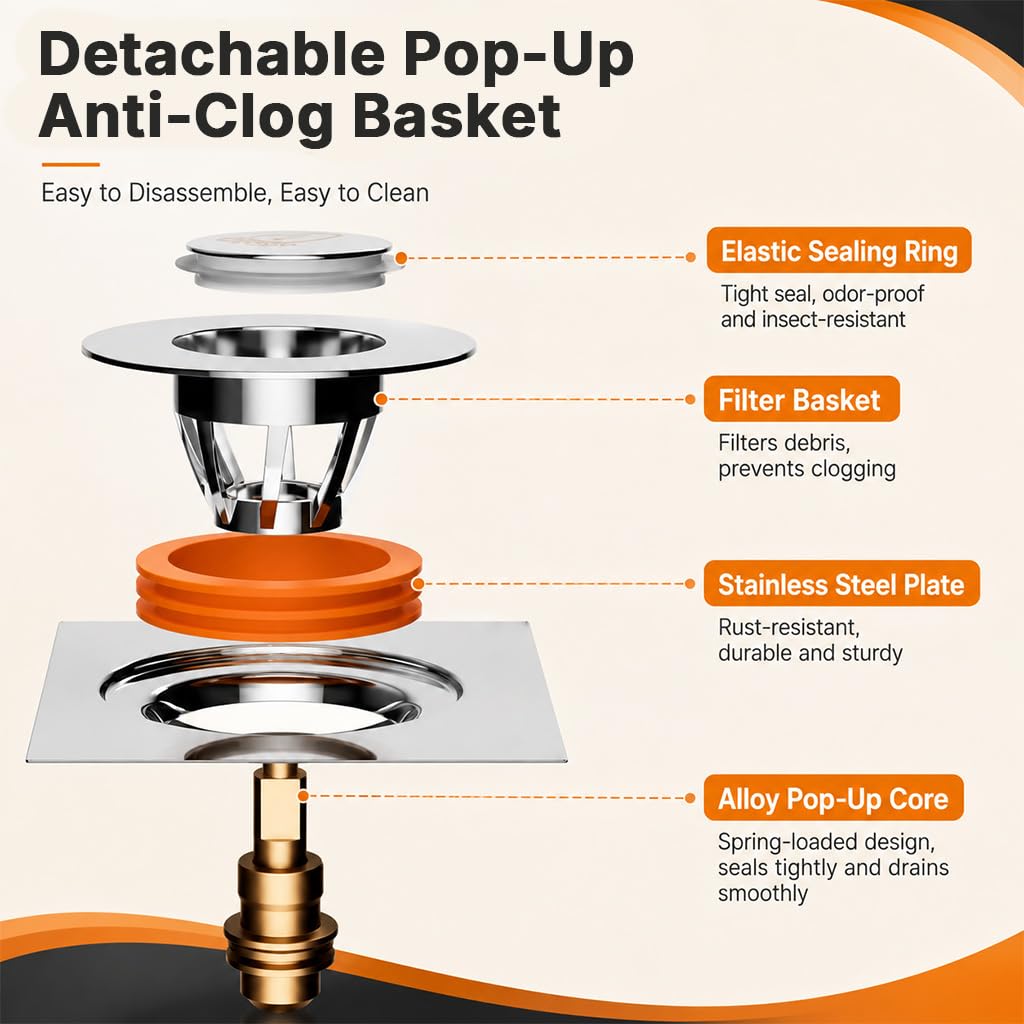 HASTHIP Square Pop-Up Floor Drain Cover with Stainless Steel Top and Detachable Hair Filter