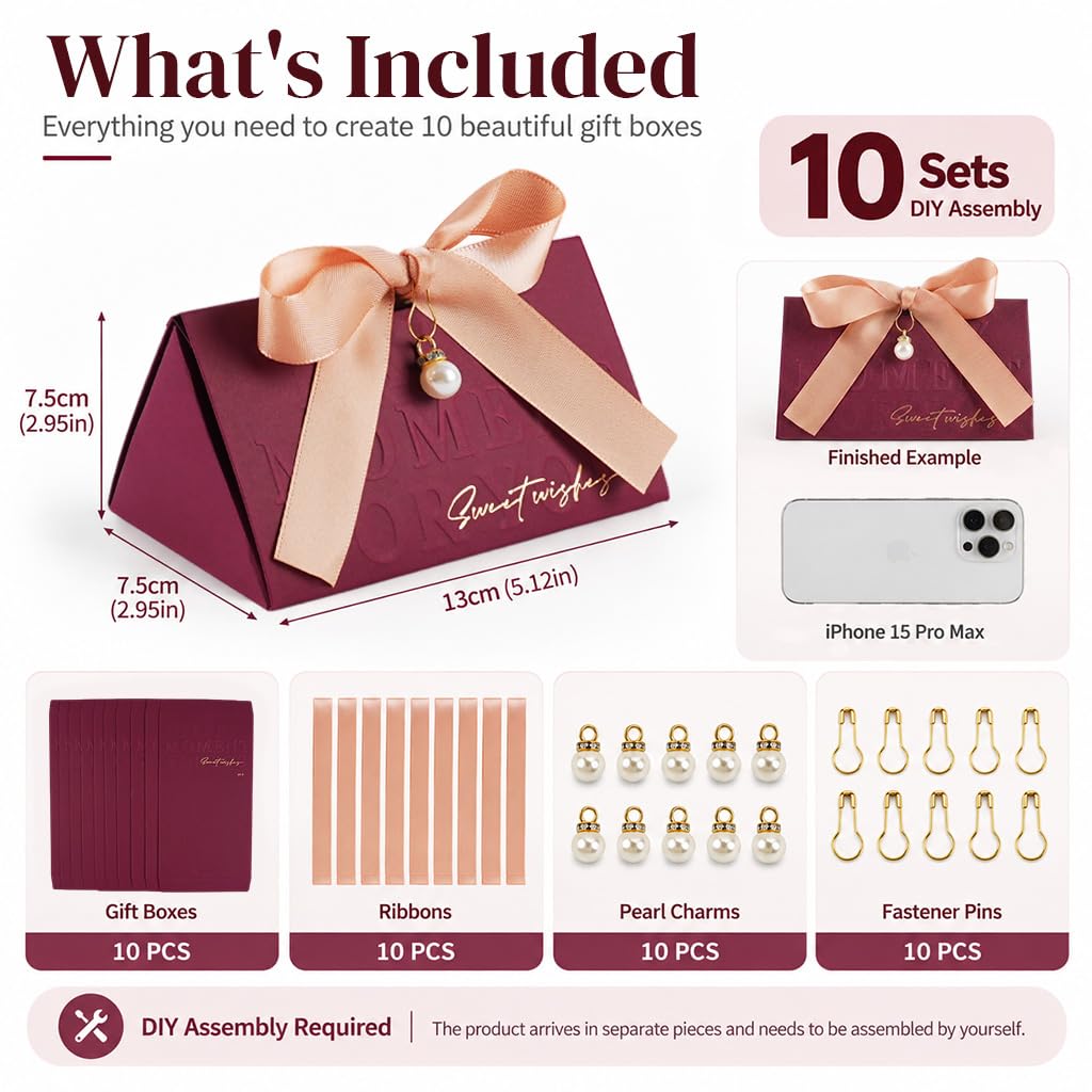 HASTHIP 10-Piece 5.1 x 3 in Favor Boxes with Gold Stamping, Ribbon, Wooden Ring and Pearl Closure