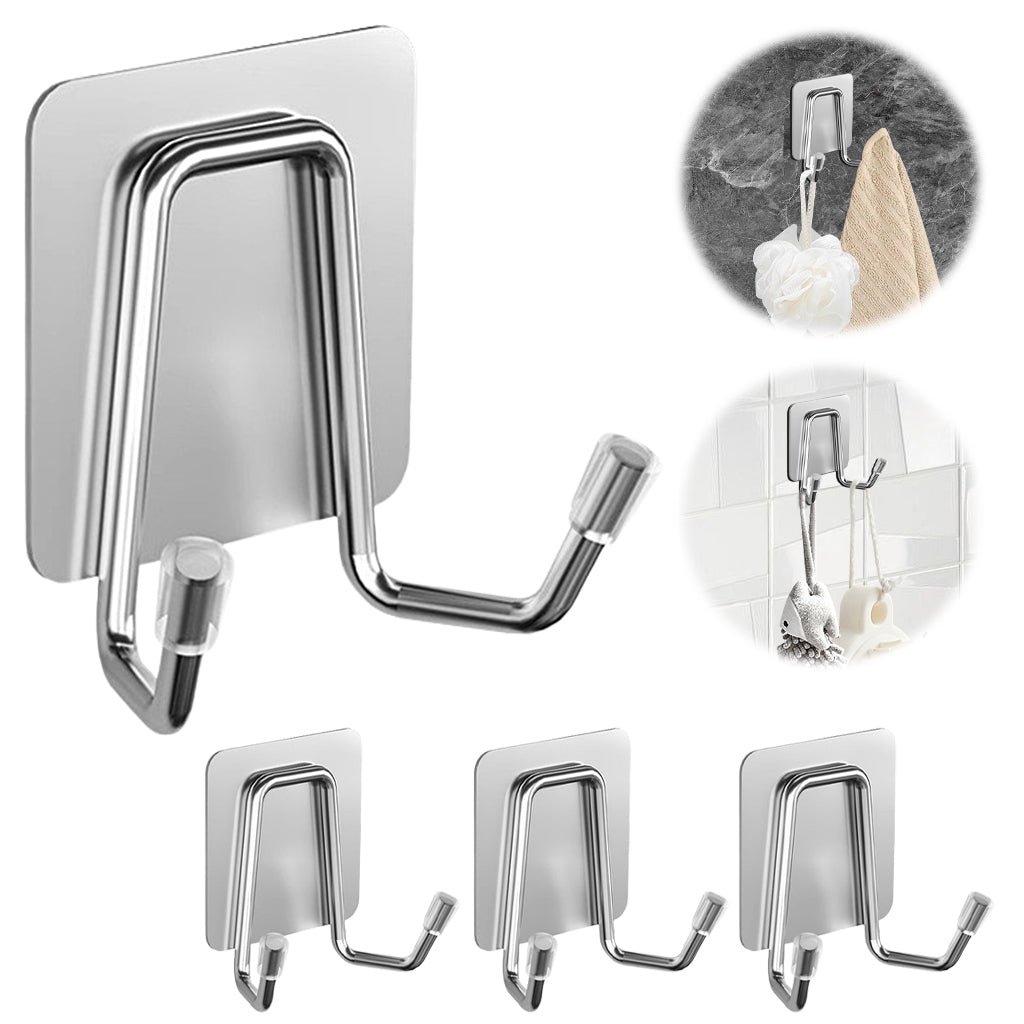 HASTHIP® 4Pcs Adhesive Dual Wall Hooks - 304 Stainless Steel Heavy-Duty Towel, Clothes, Sponge Holder, Space-Saving Utility for Kitchen, Bathroom, Bedroom (Silver)