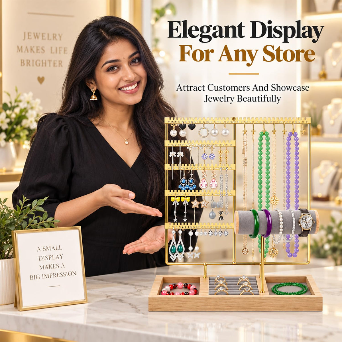 HASTHIP 4-Tier Jewelry Organizer Stand with 48 Earring Holes, 6 Hooks and White Wooden Storage Box
