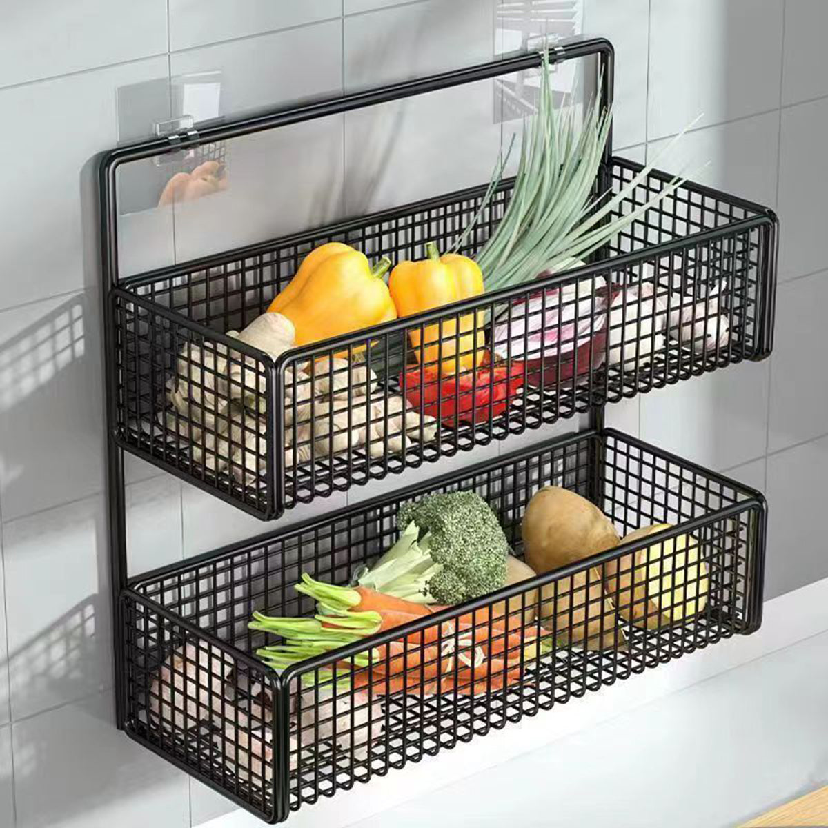 HASTHIP® 2Pcs Kitchen Organizer Basket Wire Basket Organizer Shower Caddy No Drill Wall Mounting Multipurpose Metal Basket Organizer for Kitchen, Bathroom, Living Room, Dorm, Size M/L
