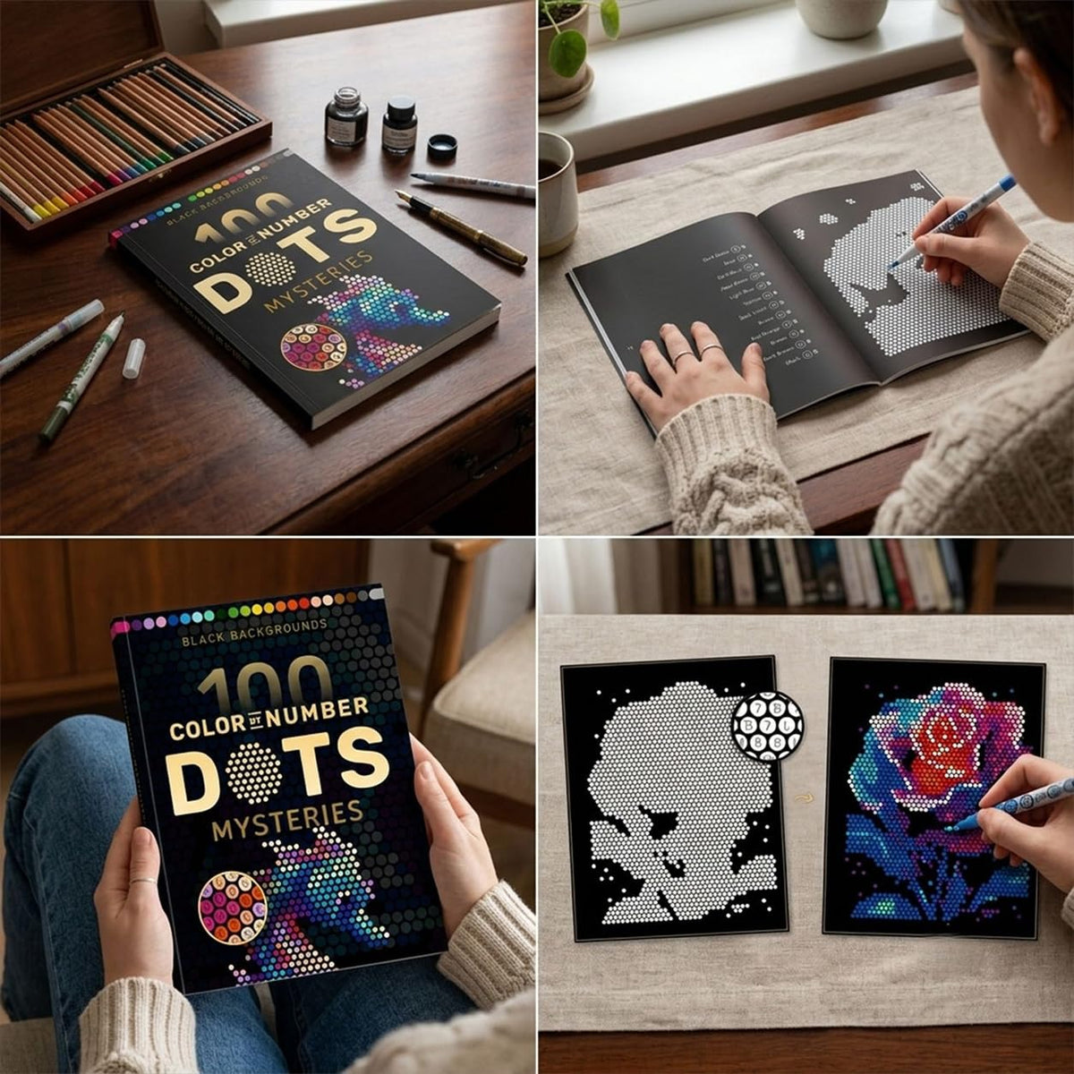 HASTHIP Mystery Color by Number Coloring Book with 100 Patterns and 24 Markers and Ink-Resistant Paper