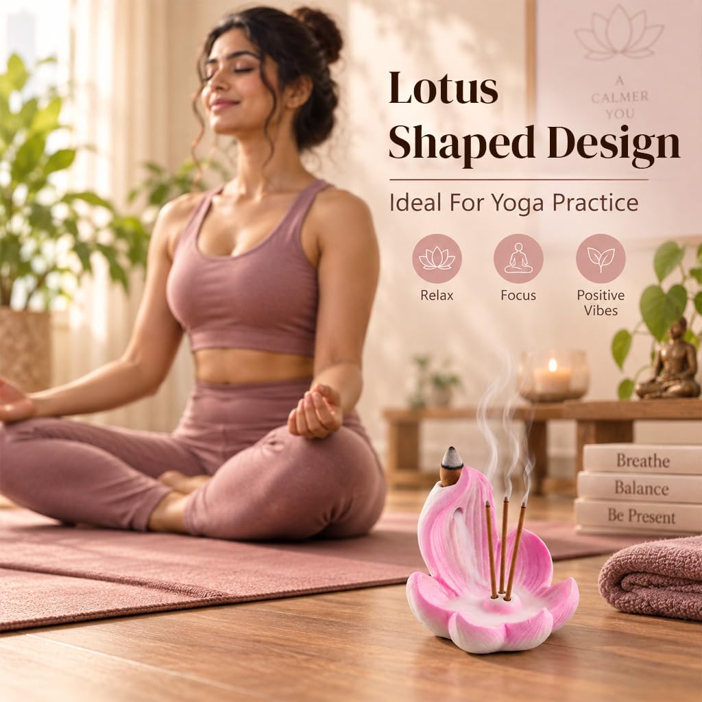 HASTHIP Lotus Incense Burner, 4-Hole Resin Stick Holder with Leaf Tray for Pooja and Meditation