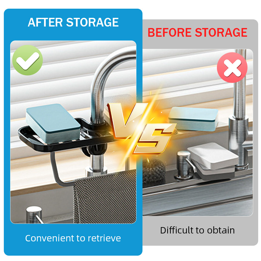 HASTHIP® Kitchen Sponge Holder Dry Rack Dish Rag Rack Drain Rack with Hooks Space Saving Sink Faucet Mount Sponge Holder Hand Soap Holder Tool Organizer