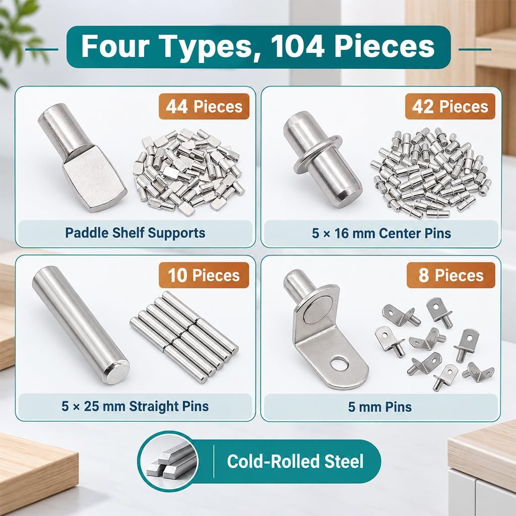 HASTHIP 104-Piece Shelf Pins Kit, 5mm and 1/4-Inch Sizes, Nickel-Plated Steel, Four Styles