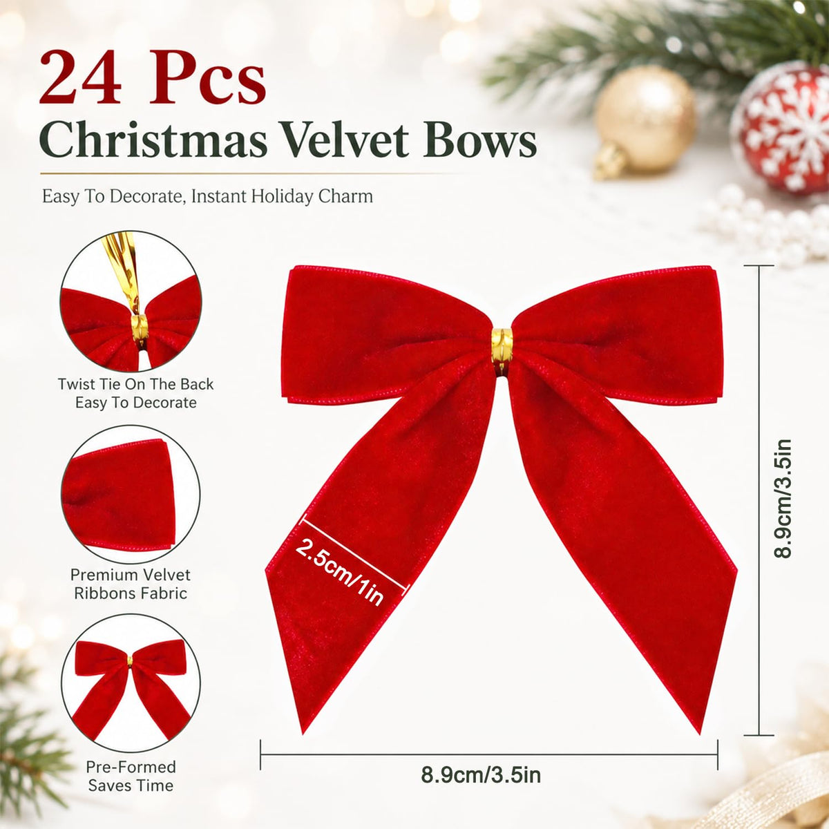 HASTHIP 24-Piece Red Velvet Christmas Bow Ornaments with Golden Tie Wires for Holiday Decorating