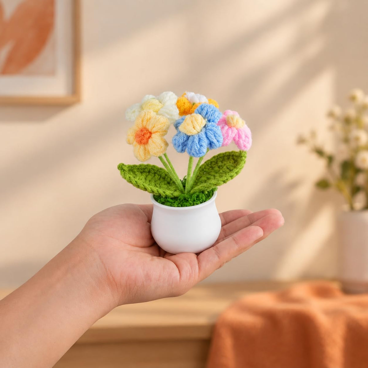 HASTHIP Handmade Crochet Potted Daisy with Colorfast Yarn for Home, Office or Car Decor