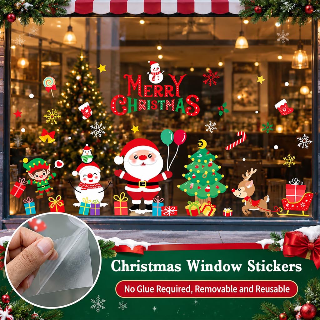 HASTHIP Christmas Window Clings, Large Double-Sided PVC Decals for Reusable Holiday Glass Decor
