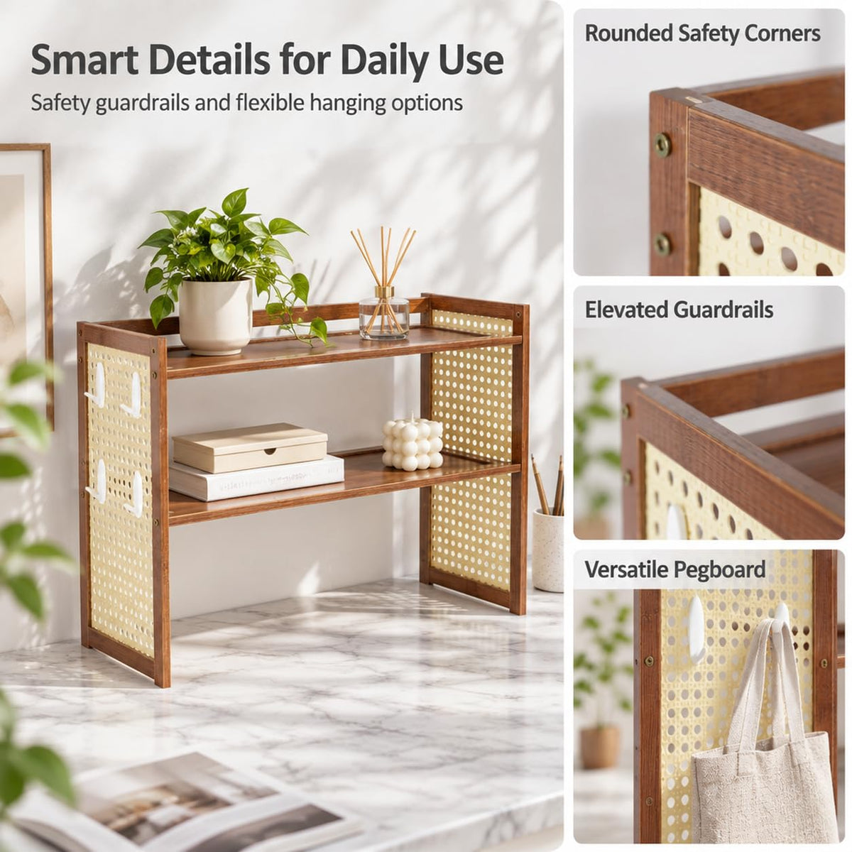 HASTHIP Two-Tier Brown Desktop Shelf with Pegboard for Books, Supplies and Compact Desk Organization