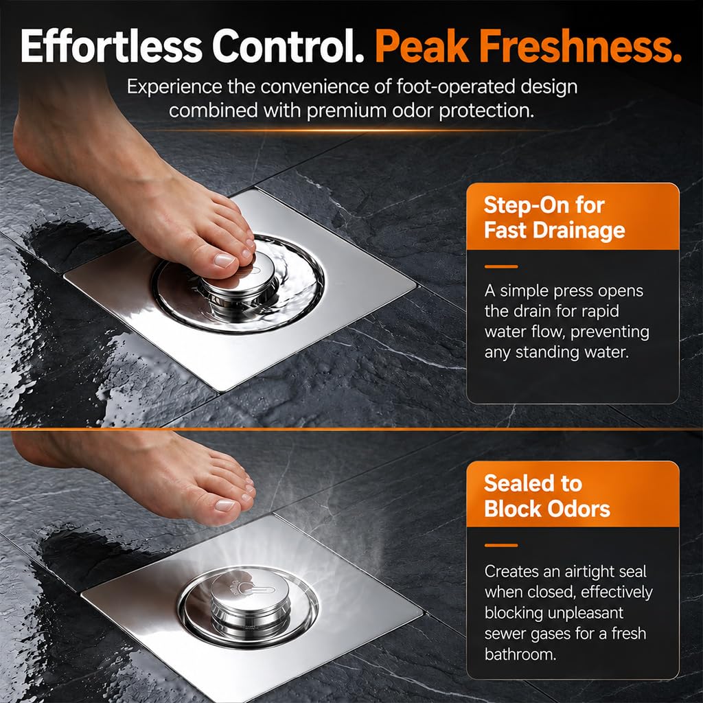 HASTHIP Square Pop-Up Floor Drain Cover with Stainless Steel Top and Detachable Hair Filter