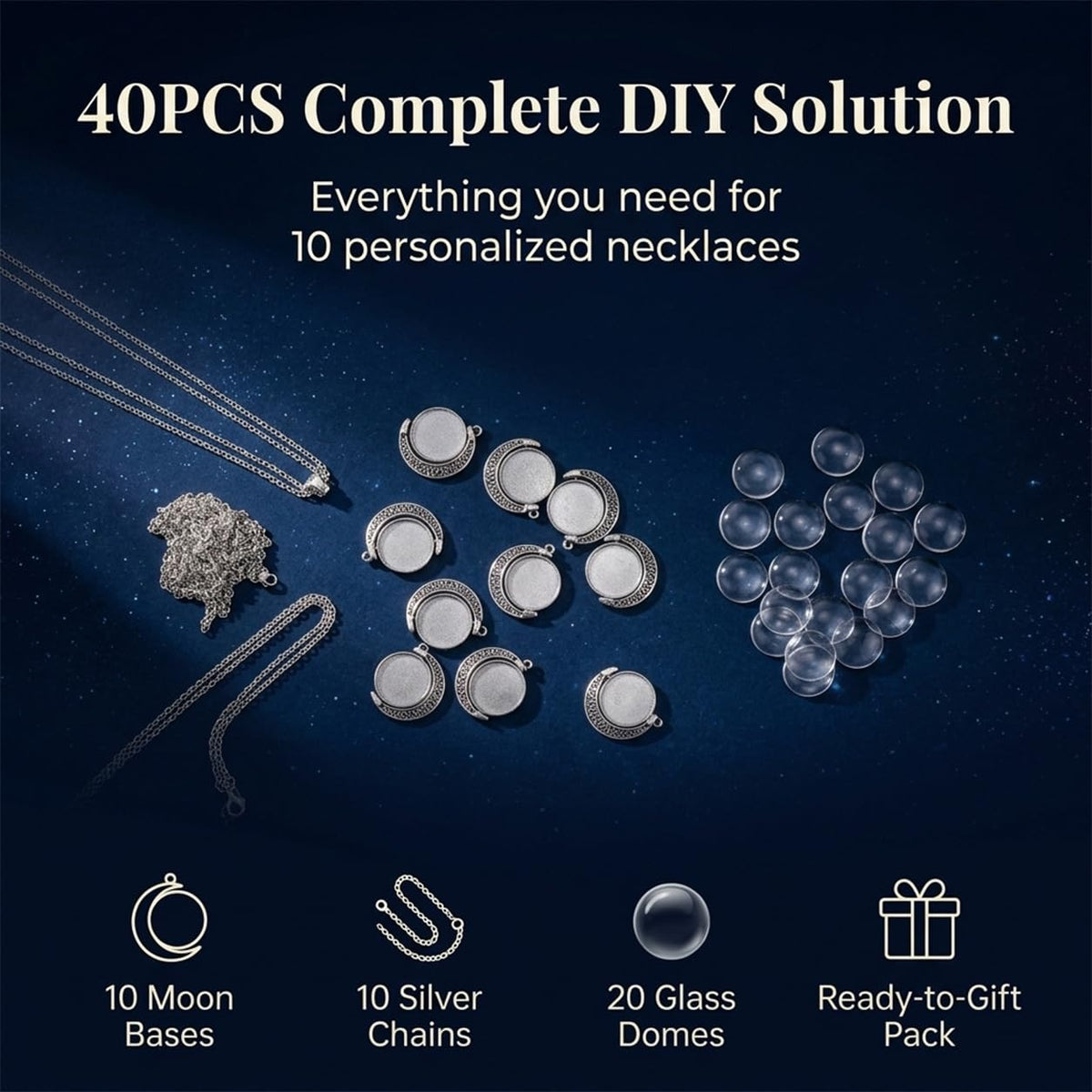 HASTHIP 40-Piece Rotating Moon Pendant Tray Set with 10 Silver Bases, Chains and 25mm Clear Glass Cabochons