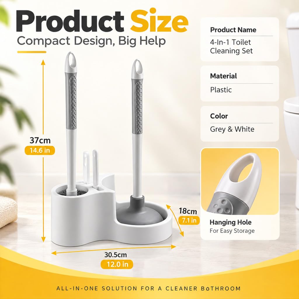 HASTHIP 4-in-1 Toilet Brush and Plunger Set with Crevice Brush, Hair Tongs and White Holder