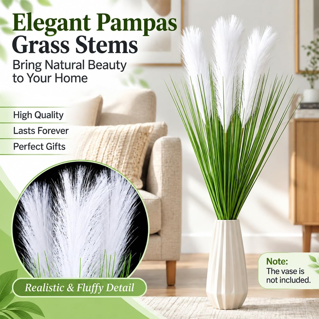 HASTHIP White Artificial Pampas Grass, 90 cm Decorative Stem with Five Fluffy Flowers for Vase Displays