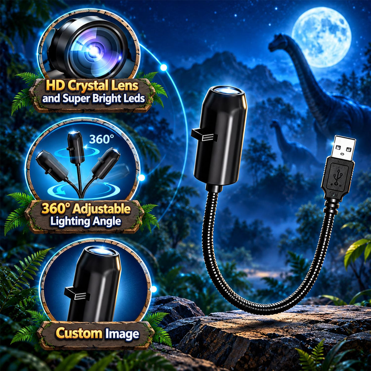 HASTHIP Jurassic Dinosaur Projection Light with 8 Themes, USB Power and Adjustable Direction