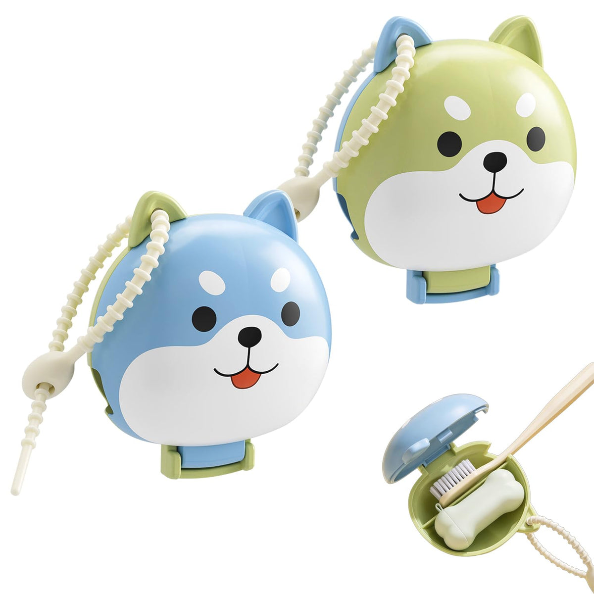 HASTHIP 2-Pack Shiba Inu Toothbrush Holder with Refillable Silicone Paste Dispenser and Travel Lanyard