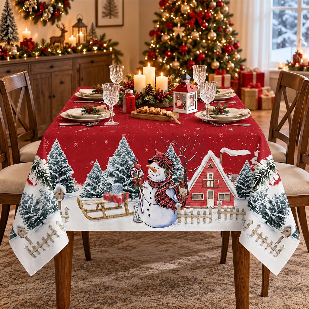 HASTHIP Christmas Tablecloth, 100D Polyester Snowman Pattern, 60 by 90 Inches, 6-Seater Fit