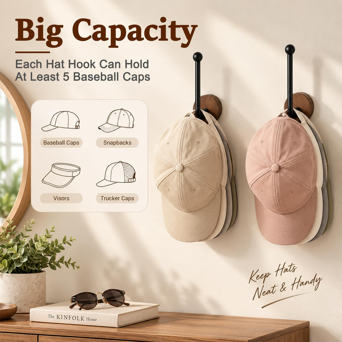 HASTHIP L-Shaped Wood and Metal Wall Hat Hooks with Hidden Screw Mounting for Caps and Hair Accessories
