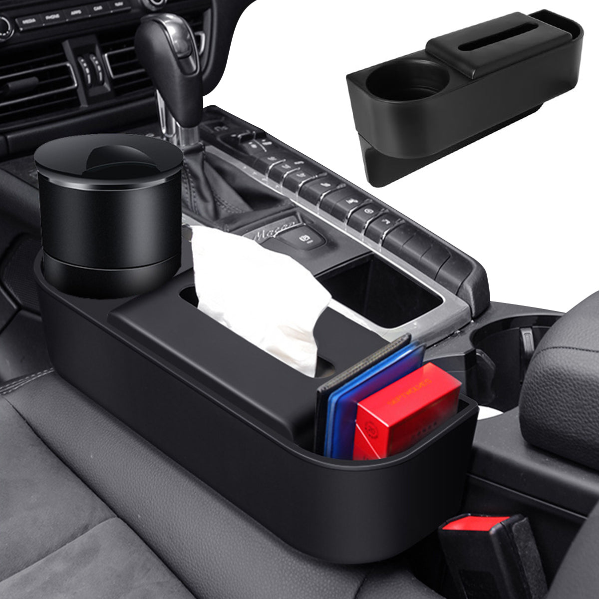 HASTHIP® 3in1 Car Seat Gap Filler Organizer with Cup Holder&Car Tissue Holder,Multipurpose Seat Gap Storage Box