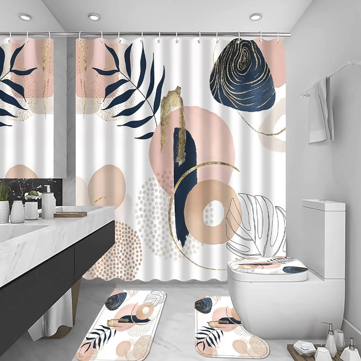 HASTHIP® 4Pcs Bathroom Shower Curtain With Boho Leaf Print - Waterproof Curtain, Toilet Cover, Bathtub & Absorption Foot Mat Combo For Modern Bathroom Décor, Universal Fit, Durable & Stylish Supplies