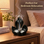 HASTHIP 10cm Lotus Incense Burner, Black Resin 4-Hole Stick Holder with Backflow Effect