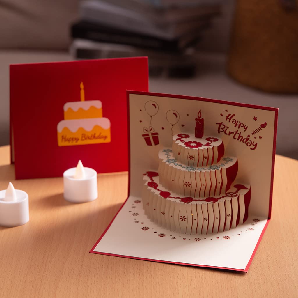 happy birthday dad from daughter cards, red theme, pop-up cake