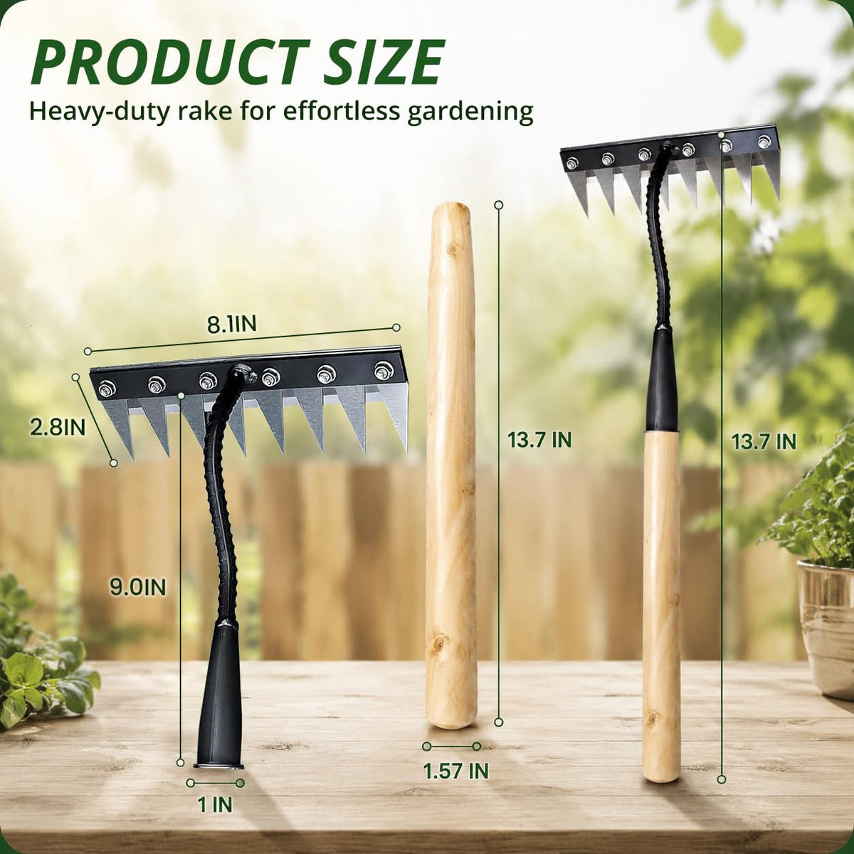 HASTHIP® 8-Tooth Garden Rake, Manganese Steel Hand Rake with Wooden Handle, 30cm Small Gardening Lawn Rake for Soil Loosening, Weeding & Leaf Collecting