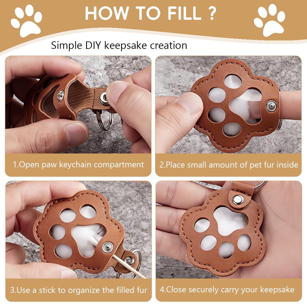 HASTHIP 3Pcs Pet Hair Keepsake Paw Charm, PU Leather Memory Holder for Dog and Cat Fur – 5.5 x 6 cm Key Ring