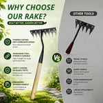 HASTHIP® 8-Tooth Garden Rake, Manganese Steel Hand Rake with Wooden Handle, 30cm Small Gardening Lawn Rake for Soil Loosening, Weeding & Leaf Collecting