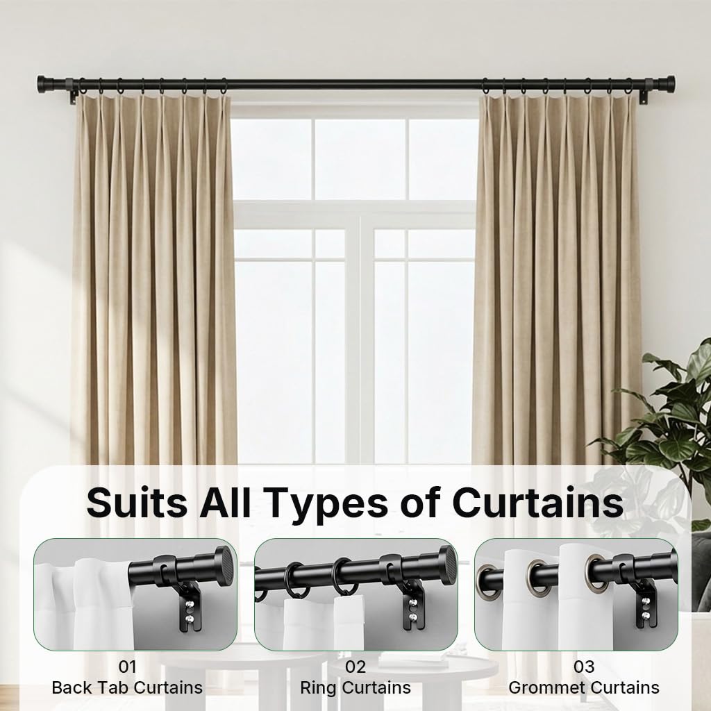 HASTHIP® Carbon Steel Curtain Rod Telescopic 80-182cm, Adjustable Length Extendable Drapery Rod with Wall Mount Brackets, Black Curtain Pole for Windows, Living Room Bedroom Home Decor