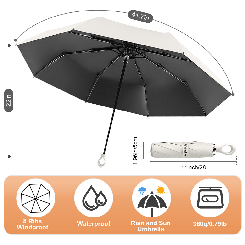 HASTHIP® UPF 50+ Sun Protection Travel Umbrella, Compact Folding Lightweight Windproof Rain & UV Blocking Umbrella with Fiberglass Ribs, Water-Resistant Black Coated Liner, Beige