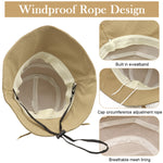 HASTHIP® Sombrero de Cubo para Mujer con Protección Solar, ala Ancha Ajustable con Correa y Lazo Elegante, Sombrero de Playa Plegable y Transpirable para Verano al Aire Libre (Caqui)