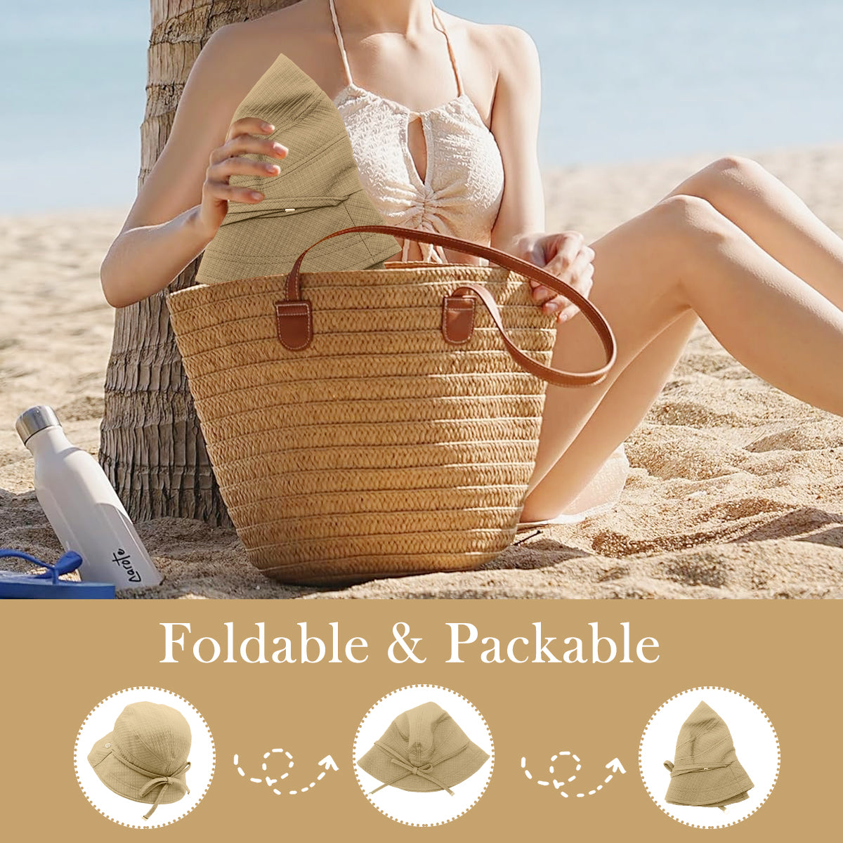 HASTHIP® Sombrero de Cubo para Mujer con Protección Solar, ala Ancha Ajustable con Correa y Lazo Elegante, Sombrero de Playa Plegable y Transpirable para Verano al Aire Libre (Caqui)