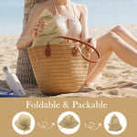 HASTHIP® Sombrero de Cubo para Mujer con Protección Solar, ala Ancha Ajustable con Correa y Lazo Elegante, Sombrero de Playa Plegable y Transpirable para Verano al Aire Libre (Caqui)