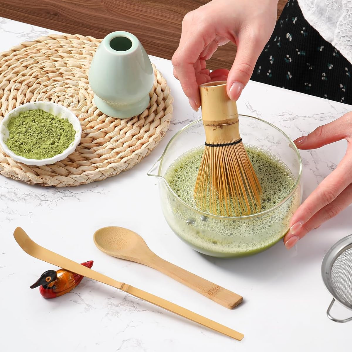 HASTHIP® Japanese Matcha Tea Set - Bamboo Matcha Whisk Set with Traditional Scoop,Tea Spoon,Whisk Holder - Ceremony Accessories for Preparing Authentic (Yellow)