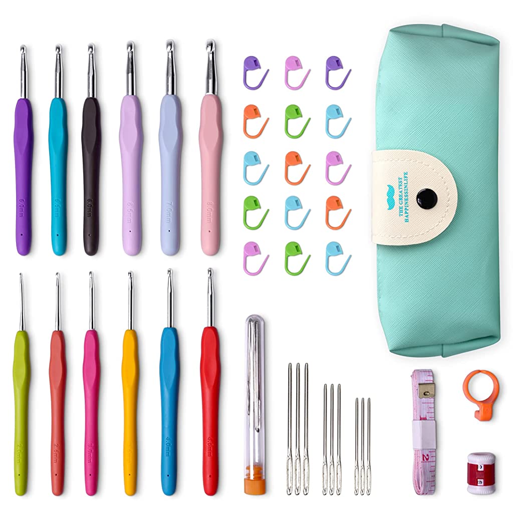 Crochet Hooks Set, Realplus 41 Pcs Full Size Crochet Set, Ergonomic Soft Grip Rubber Handles, Crochet Kits For Beginners Adults, Sister Gift, Crochet Hooks With Case (Green)