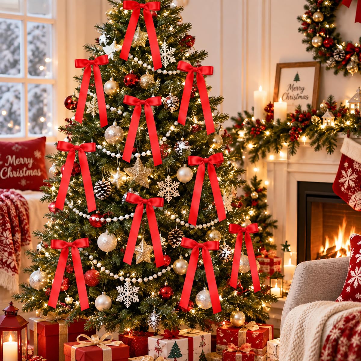 HASTHIP Christmas Tree Bows and Faux Pearl Garland Set, 24 Red Satin Bows, 33ft Strand