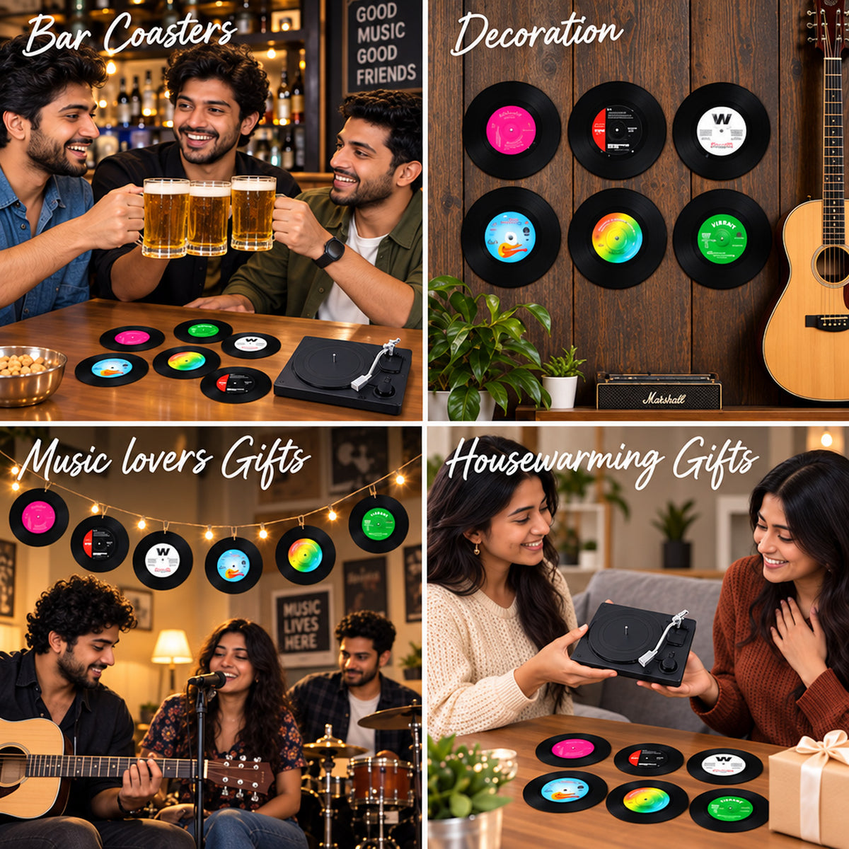 HASTHIP Retro Vinyl Record Coaster Set with Six 10cm Coasters and Record Player Holder